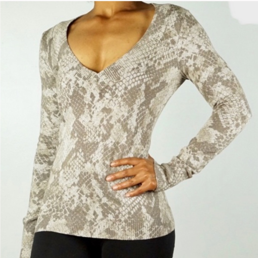 Express Snakeskin Print Deep V-Neck Sweater Metallic Tight Knit Women's Size M
